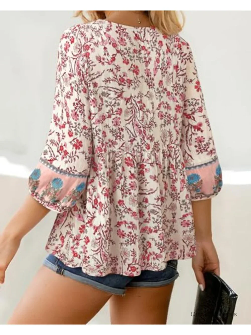 Womens Boho Babydoll Top 3/4 Sleeve Pleated Peplum Blouse V Neck Tie Front Tunic